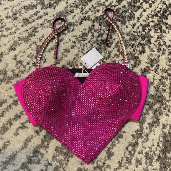 AREA Embellished Stretch Wool Heart Crop Top Fuchisia - Picture 4 of 9